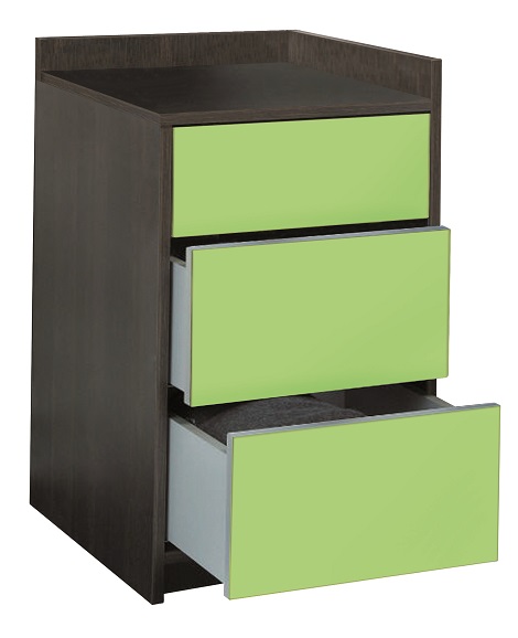 Nachtkastje vrijstaand Slizing, 3 laden,glas,hout, front lade groen